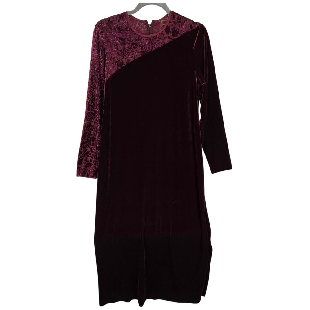 Coldwater Creek Vtg Velvet Lace Burgandy Midi Dress 10 Long Sleeve Romantic Vamp